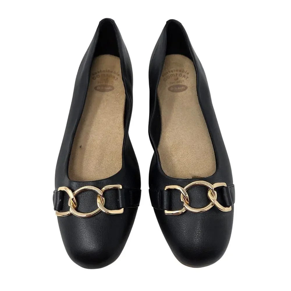 Dr. Scholl's Black Faux Leather Slip On Wexley Adorn Ballet Flats Size 7.5 M
